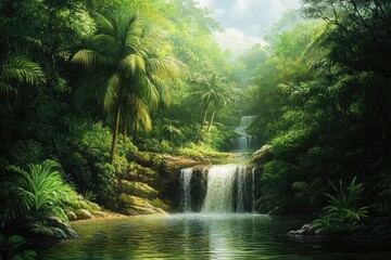 Obraz premium A lush, green tropical waterfall. Perfect for travel, nature, and relaxation themes.