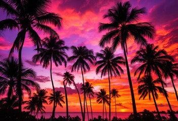 Obraz premium stunning lush palm tree silhouettes set vivid sunset sky radiant purple hues creating breathtaking tropical landscape, orange, pink, evening, nature, outdoor