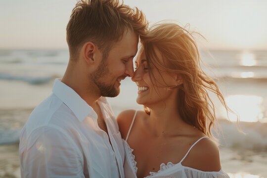 Joven pareja de enamorados disfrutando el mar. generativa ia