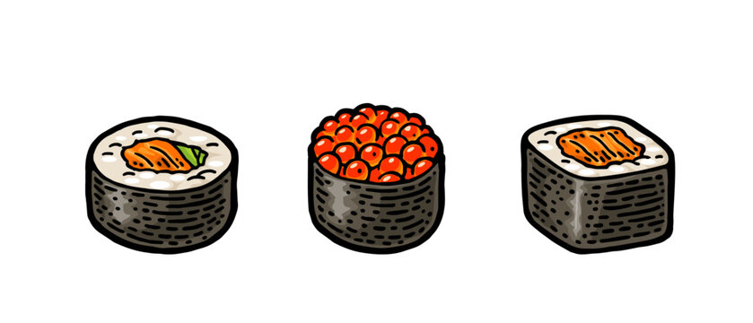 Three type set sushi. Roll ikura with caviar, salmon, rice. Isolated on white background. Vintage black monochrome vector engraving