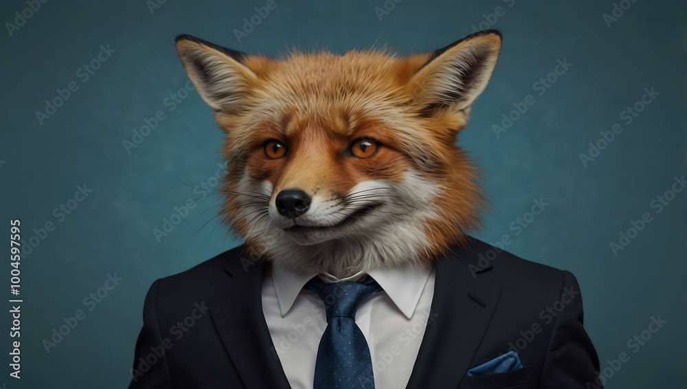 Wall mural a red fox in a business suit changes expressions against a blue background.