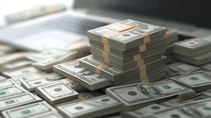 A close-up of stacks of cash and a laptop, symbolizing finance and business transactions.