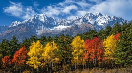 A mountain range covered in snow and trees with a beautiful autumn landscape