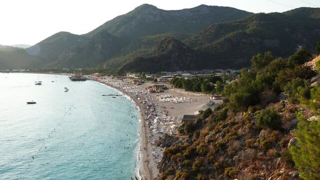 Panoramic view of Oludeniz from the Butterfly Valley road with the hills in the background.