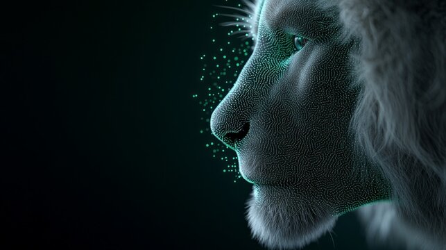 White Lion in the Spotlight: A majestic white lion stands proud, bathed in a cool green glow, its piercing gaze and intricate fur details captivating. The dark background creates a dramatic contrast. - Powered by Adobe