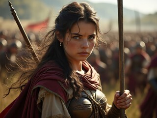 Determined warrior woman holding a spear in battle, surrounded by soldiers