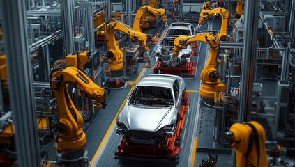 Fototapeta premium Advanced robotic arms expertly assemble vehicles in a state-of-the-art automotive factory