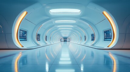 A futuristic airport terminal with automated services and digital navigation systems.

