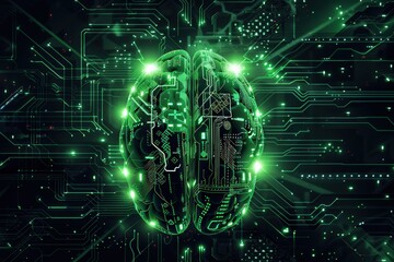 Obraz premium A green digital brain floating on an intricate circuit board background, symbolizing artificial intelligence and technology.