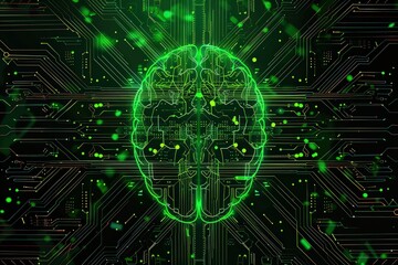 Obraz premium A green digital brain floating on an intricate circuit board background, symbolizing artificial intelligence and technology.