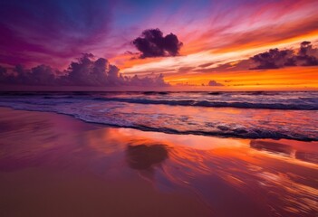 Fototapeta premium stunning vibrant beach sunset reflected shimmering ocean waves creating captivating coastal scene, reflection, water, sky, colors, dusk, nature, scenery