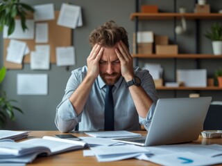 Anxious businessman looking down at papers with hands on head, dealing with stress in an office environment