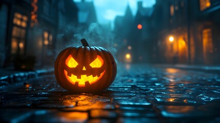 dynia, halloween, lampion, nawiedzony, ulica z bruku, mgła, latarnia, noc, mistyczne, tajemnicze, stare budynki, światła, mroczne, straszne, atmosfera halloween, duchy, noc halloween, uliczka, dyniowy