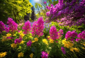 Naklejka premium vibrant spring blooms showcasing colorful petals lush greenery set natural background delightful visual experience, flowers, flowering, garden, nature
