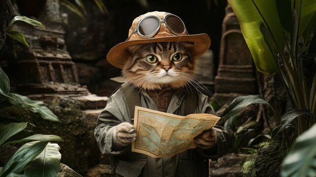 A cat dressed in explorer attire studies a map while navigating through an ancient jungle filled with lush greenery and remnants of old structures in bright daylight.