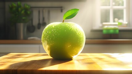jabłko, zielone, świeże, organiczne, natura, kropla wody, naturalne światło, zbliżenie, kuchnia, drewniana deska, zdrowie, świeże owoce, styl naturalny, owoc, naturalny styl życia, organiczny styl, ow