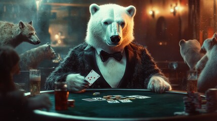 A polar bear in a tuxedo is seated at a table, engaging in a card game surrounded by other animals in a warm, inviting lounge. The atmosphere is lively and playful