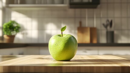 jabłko, zielone, świeże, organiczne, natura, kropla wody, naturalne światło, zbliżenie, kuchnia, drewniana deska, zdrowie, świeże owoce, styl naturalny, owoc, naturalny styl życia, organiczny styl, ow