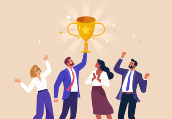 Business Team Success. Vector illustration in a flat style of a close-up group of happy diverse people in business suits with a golden cup in the manager's raised hand. Isolated on background.