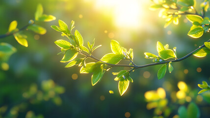 Green leaves on tree branch in morning sunlight. Beautiful nature background.
