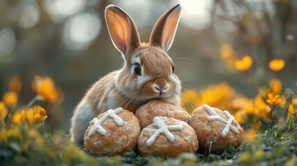 Easter Bunny with Hot Cross Buns for Festive Celebration and Seasonal Joy