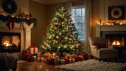 A warmly decorated Christmas tree in a cozy winter setting.