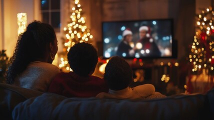 Fototapeta premium Family watching a holiday movie in a cozy living room with Christmas lights.