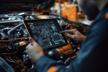Using an Augmented Reality Diagnostics Software on a tablet computer, a technician inspects the automotive engine bay to find malfunctioning or broken parts and components.