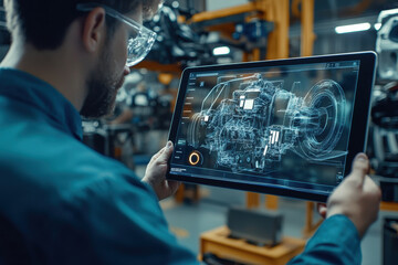 Using an Augmented Reality Diagnostics Software on a tablet computer, a technician inspects the automotive engine bay to find malfunctioning or broken parts and components.