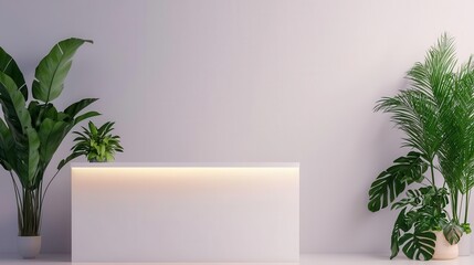 Minimalist clinic reception with a white counter, soft lighting, and neutral decor, Clinic interior, modern and professional