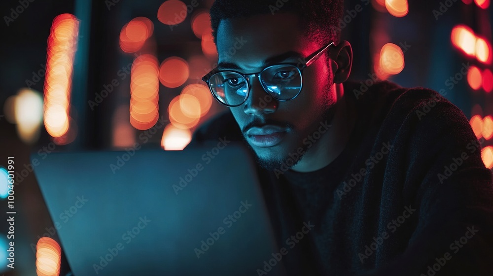 Wall mural Focused Individual Using Laptop at Night