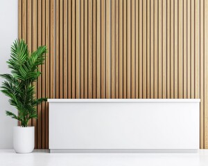 White minimalist reception desk with clean lines, simple decor, and a soft color palette, Clinic reception, calming atmosphere