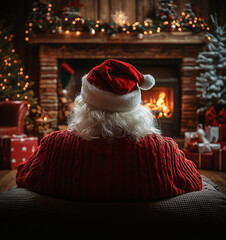 Back of Santa Claus sitting on an armchair facing a warm Christmas Eve decorated tree and open fire background.