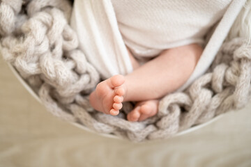 the legs of a newborn baby on a brown blanket