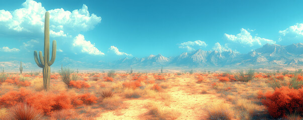 Arizona desert, cacti and mountains in the background, cinematic, vintage style, pastel color palette, ultra-realistic, hyper-detailed, cinematic shot.
