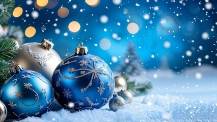 Blue Christmas background with snowflakes and Christmas balls. With a place to copy the text.