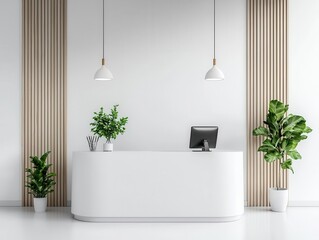 Clinic reception with a minimalist design, featuring white furniture, modern lighting, and indoor plants, Clinic reception, clean and modern