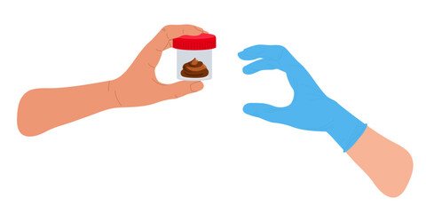 Patient transfers fecal analysis sample in jar to medical professional. Medical sample. Stool analysis. Laboratory container with excrement. Healthcare, medical diagnostic Flat Vector illustration.