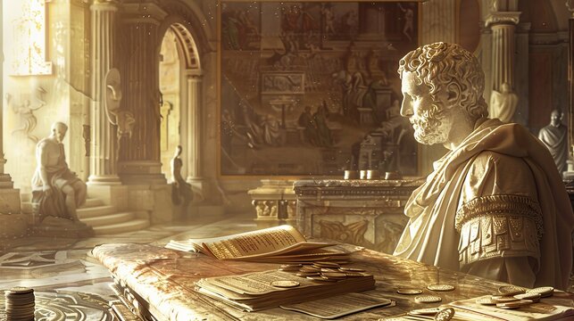 Elegant roman study with seneca statue, ancient scrolls, and murals illuminated by golden light