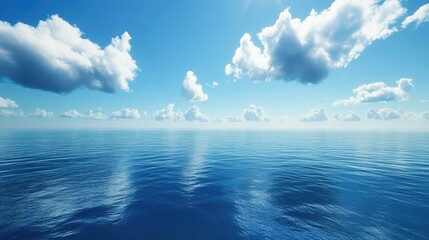 Obraz premium Blue sky with white clouds over a vast ocean. Perfect for use as a backdrop for travel or nature-related designs.