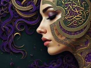 Artistic portrait of a woman in profile with intricate gold patterns and Arabic calligraphy
