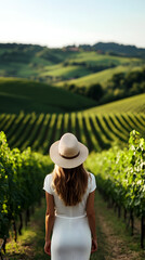 Fototapeta premium A beautiful woman enjoying a day in a vineyard, her casual yet elegant outfit blending seamlessly with the picturesque landscape. Woman in a vineyard.