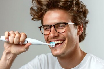 The beautiful young man is smiling and laughing as he uses an electric toothbrush to clean his teeth. He is wearing glasses and looks happy during his dental routine.