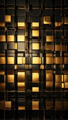 Abstract black and gold geometric pattern with illuminated squares.