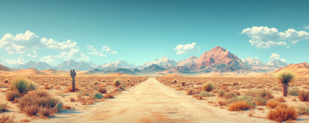 Arizona desert, cacti and mountains in the background, cinematic, vintage style, pastel color palette, ultra-realistic, hyper-detailed, cinematic shot.