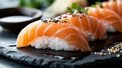 A close-up of salmon nigiri sushi on a slate plate, highlighting the glossy salmon slice over the rice, with a side of soy sauce and fresh herbs for an elegant presentation