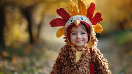 Happy child in a turkey costume enjoying Thanksgiving in a sunny outdoor park setting filled with autumn leaves