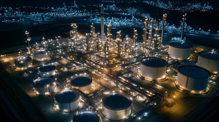 Aerial view of a massive industrial oil refinery illuminated at night with numerous storage tanks and processing units