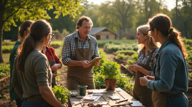 Diverse group of farmers engaging in an outdoor agricultural workshop with expert instruction on sustainable practices