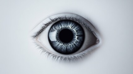Human eye staring with dilated pupil on white background